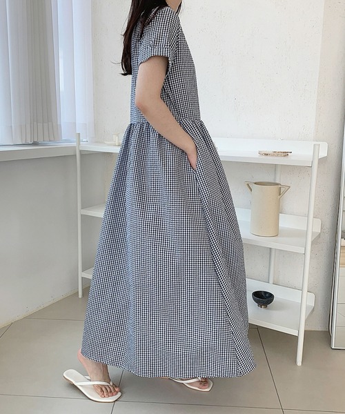 me+em select(ミームセレクト)の「ギンガムチェックテーラードラップロングワンピース(ワンピース・レディース・ブルー/ブラック/ベージュ・FREE)」の10枚目の写真