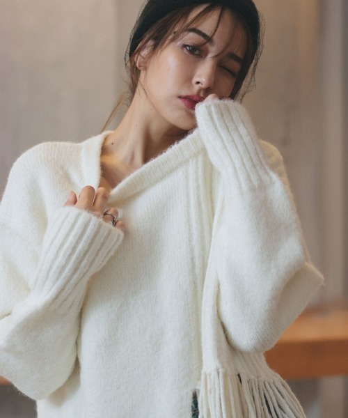 DONOBAN（ドノバン）の「アシメフリンジニット（ニット/セーター・レディース・ホワイト/ブラック・F）」の5枚目の写真