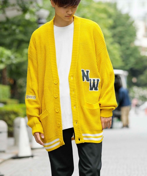 ADMIX/ATELIER SAB MEN（アドミックスアトリエサブメン）の「ビッグワッフル編み / オーバーサイズ ルーズ スクールカーディガン（カーディガン/ボレロ・メンズ・ブラック/マスタード/グリーン/ブルー/パープル・48/50）」の5枚目の写真