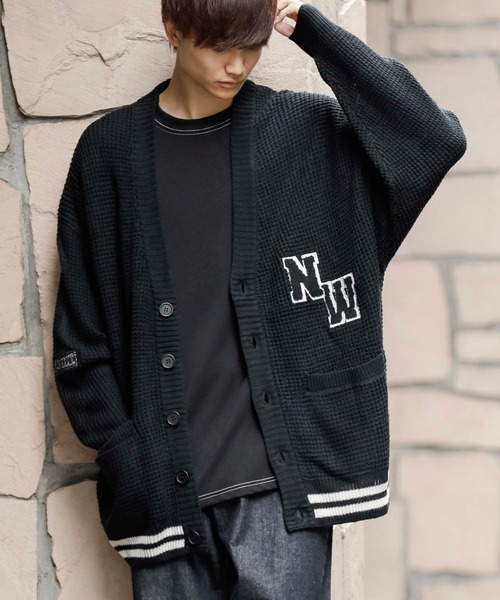 ADMIX/ATELIER SAB MEN（アドミックスアトリエサブメン）の「ビッグワッフル編み / オーバーサイズ ルーズ スクールカーディガン（カーディガン/ボレロ・メンズ・ブラック/マスタード/グリーン/ブルー/パープル・48/50）」の2枚目の写真