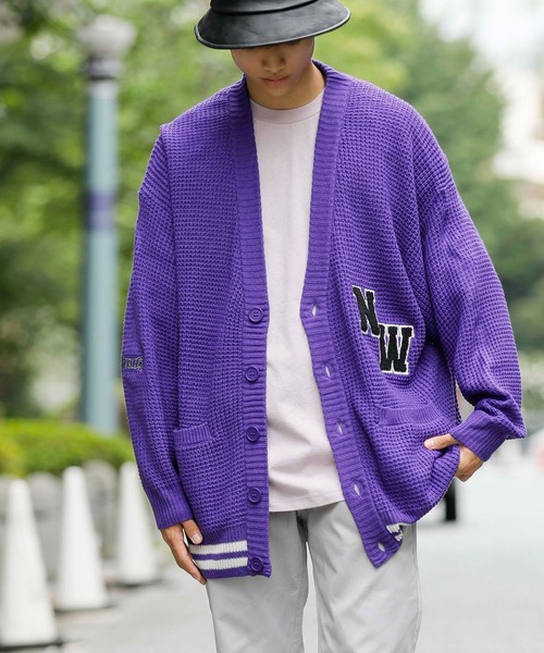ADMIX/ATELIER SAB MEN（アドミックスアトリエサブメン）の「ビッグワッフル編み / オーバーサイズ ルーズ スクールカーディガン（カーディガン/ボレロ・メンズ・ブラック/マスタード/グリーン/ブルー/パープル・48/50）」の6枚目の写真