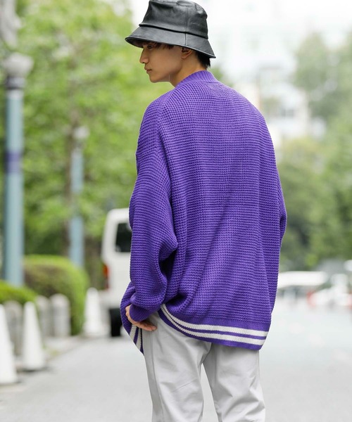 ADMIX/ATELIER SAB MEN（アドミックスアトリエサブメン）の「ビッグワッフル編み / オーバーサイズ ルーズ スクールカーディガン（カーディガン/ボレロ・メンズ・ブラック/マスタード/グリーン/ブルー/パープル・48/50）」の9枚目の写真