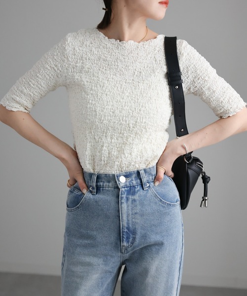 ap retro(アプレトロ)の「ぽこぽこトップス(5分袖)(Tシャツ/カットソー・レディース・オフホワイト/ブラック/アイボリー・FREE)」の3枚目の写真