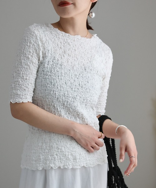 ap retro(アプレトロ)の「ぽこぽこトップス(5分袖)(Tシャツ/カットソー・レディース・オフホワイト/ブラック/アイボリー・FREE)」の4枚目の写真