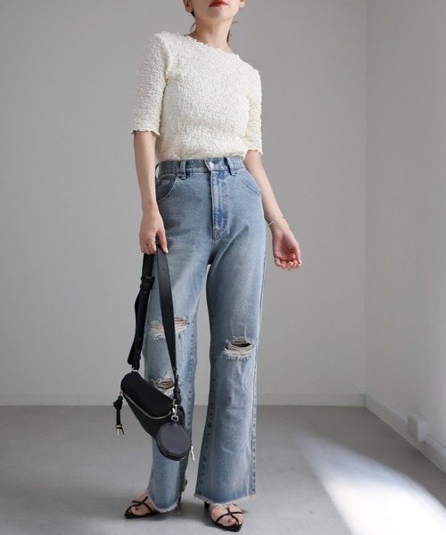 ap retro(アプレトロ)の「ぽこぽこトップス(5分袖)(Tシャツ/カットソー・レディース・オフホワイト/ブラック/アイボリー・FREE)」の18枚目の写真