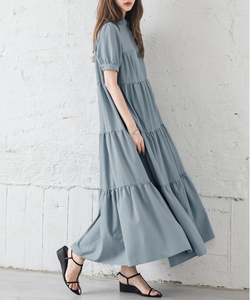 SUGAR BISKET（シュガービスケット）の「パフ袖ティアードワンピース（ワンピース・レディース・ブラック/ブルーグレー/ホワイト系その他/ブラック系その他・M/L）」の19枚目の写真