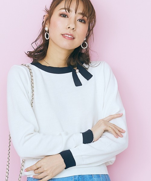 marun（マルン）の「＜大きいサイズ＞ 配色プチリボンニット marun（ニット/セーター・レディース・ネイビー系/ホワイト系・4L/5L/L/3L/LL）」の3枚目の写真