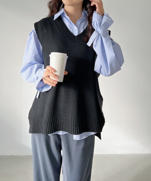 CLEA（クレア）の「サイドスリットオーバーサイズ コットンニットベスト（ベスト・レディース・ブラック/グレー・FREE）」の7枚目の写真