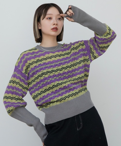 VACANCY（ヴァカンシー）の「マルチウェーブボーダーニット（ニット/セーター・レディース・グレー/ブルー・FREE）」の2枚目の写真