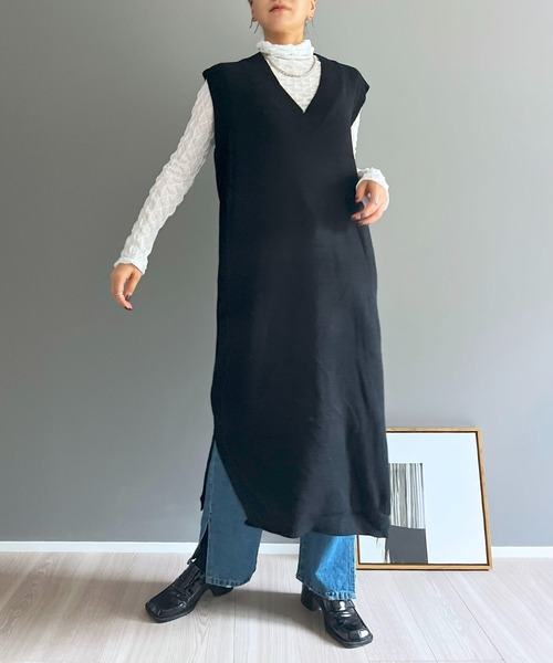 MAISON VERONIQUEメゾンヴェロニク　ロングニットベスト　サイズ1 セール】Vネックロングニットベストワンピース（ベスト