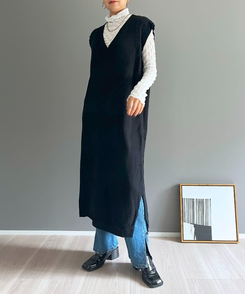 セール】Vネックロングニットベストワンピース（ベスト
