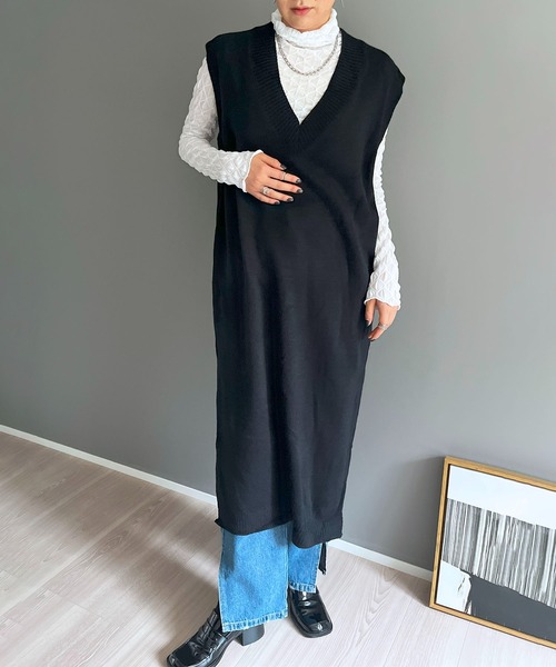 Jewelobe（ジュエローブ）の「Vネックロングニットベストワンピース（ベスト・レディース・杢グレー/ブラック・FREE）」の7枚目の写真