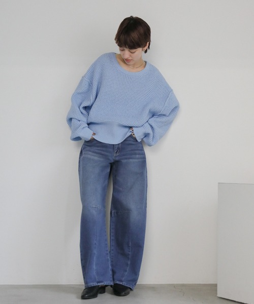 select MOCA(セレクトモカ)の「ワッフルコットンリンキングショートニット(ニット/セーター・レディース・ブラック/サックスブルー/オフホワイト・FREE)」の4枚目の写真