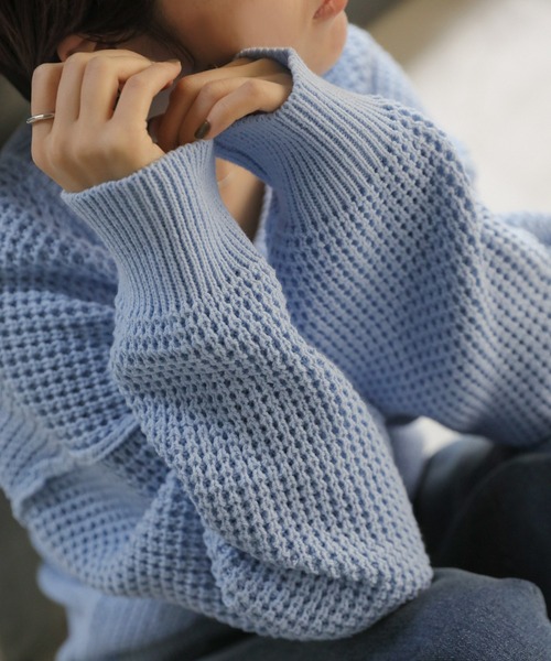 select MOCA(セレクトモカ)の「ワッフルコットンリンキングショートニット(ニット/セーター・レディース・ブラック/サックスブルー/オフホワイト・FREE)」の16枚目の写真