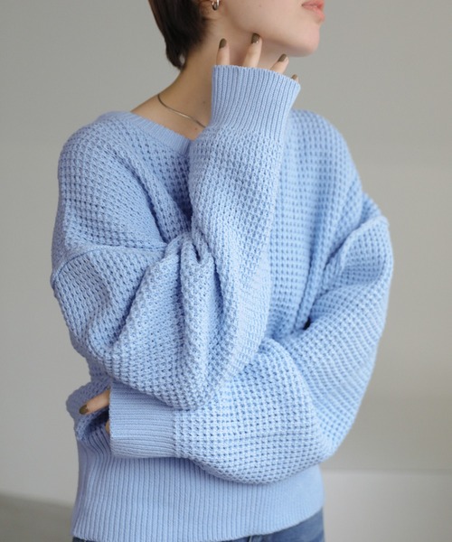 select MOCA(セレクトモカ)の「ワッフルコットンリンキングショートニット(ニット/セーター・レディース・ブラック/サックスブルー/オフホワイト・FREE)」の15枚目の写真