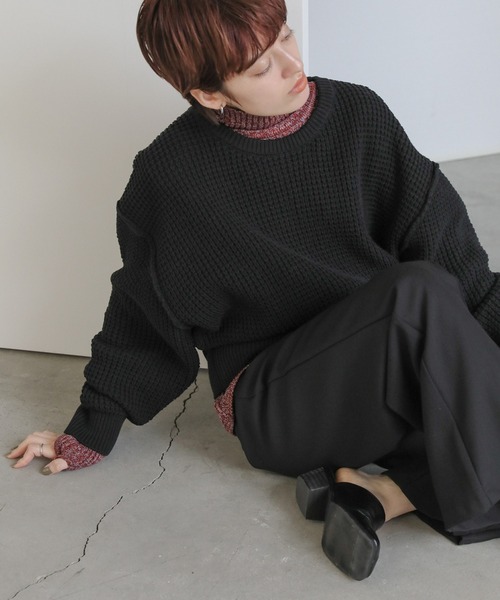 select MOCA(セレクトモカ)の「ワッフルコットンリンキングショートニット(ニット/セーター・レディース・ブラック/サックスブルー/オフホワイト・FREE)」の19枚目の写真