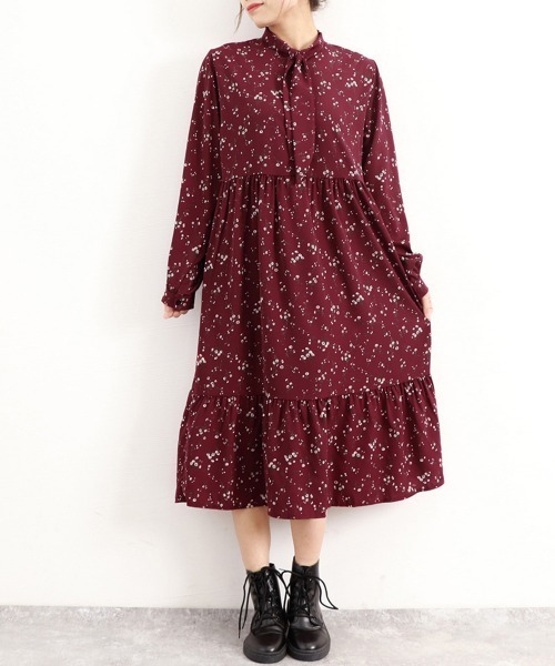 Miniministore(ミニミニストア)の「小花柄 ボウタイワンピース レディース春(ワンピース・レディース・ブラック/アイボリー/ワインレッド・FREE)」の17枚目の写真
