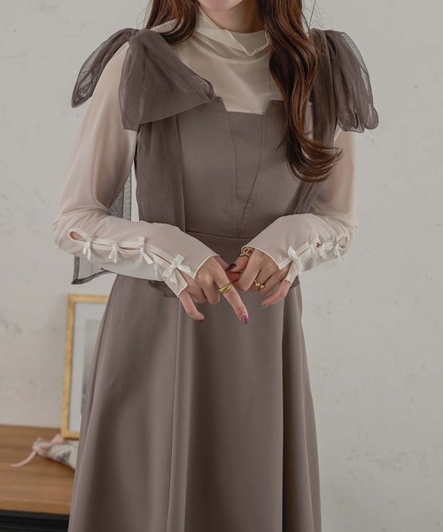 Ambre Neige（アンブルネージュ）の「tulle ribbon flare camisole dress / チュールリボンフレアキャミワンピース（ワンピース・レディース・ブラック/アイボリー/モカ/チャコールグレー・FREE）」の4枚目の写真