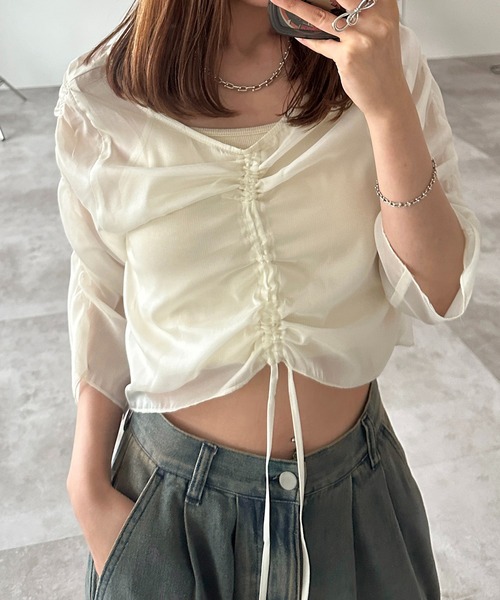 apres jour mignon(アプレジュールミニョン)の「ドロストシアートップス【ZOZOTOWN限定アイテム】(シャツ/ブラウス・レディース・チャコールグレー/ダークブルー/グリーン/アイボリー/ピンク/ブラック・X-LARGE/フリー)」の2枚目の写真