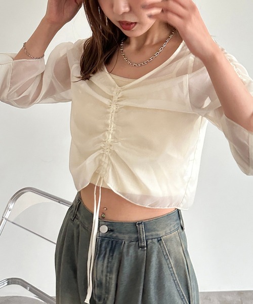 apres jour mignon(アプレジュールミニョン)の「ドロストシアートップス【ZOZOTOWN限定アイテム】(シャツ/ブラウス・レディース・チャコールグレー/ダークブルー/グリーン/アイボリー/ピンク/ブラック・X-LARGE/フリー)」の8枚目の写真
