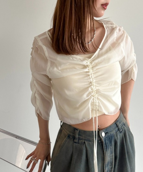 apres jour mignon(アプレジュールミニョン)の「ドロストシアートップス【ZOZOTOWN限定アイテム】(シャツ/ブラウス・レディース・チャコールグレー/ダークブルー/グリーン/アイボリー/ピンク/ブラック・X-LARGE/フリー)」の7枚目の写真