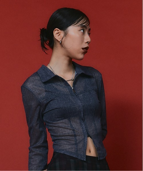 led.tokyo（レッドトウキョウ）の「【led.tokyo】シアージップトップス（Tシャツ/カットソー・レディース・ブラック/ブルー・FREE）」の5枚目の写真