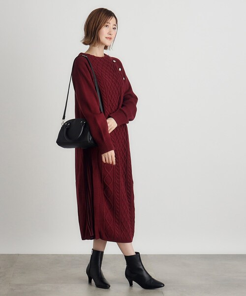 grove（グローブ）の「◆ケーブルサイドプリーツニットワンピース（ワンピース・レディース・チャコールグレー/ナチュラル/ネイビー/ボルドー・02/03/01/04/05）」の5枚目の写真