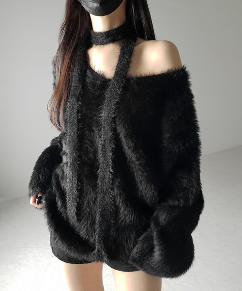 【 2color 】チョーカータイ付きルーズシャギーニット / choker tie set loose shaggy knit(ニット/セーター)|me+em select(ミームセレクト)