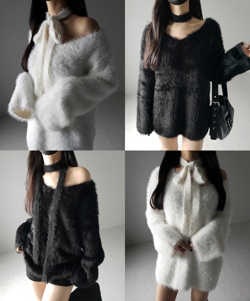 ニット セーター 「 ２color 」チョーカータイ付きルーズシャギーニット ／ choker tie set loose shaggy knit レ セール】【 2color 】チョーカータイ付きルーズシャギーニット