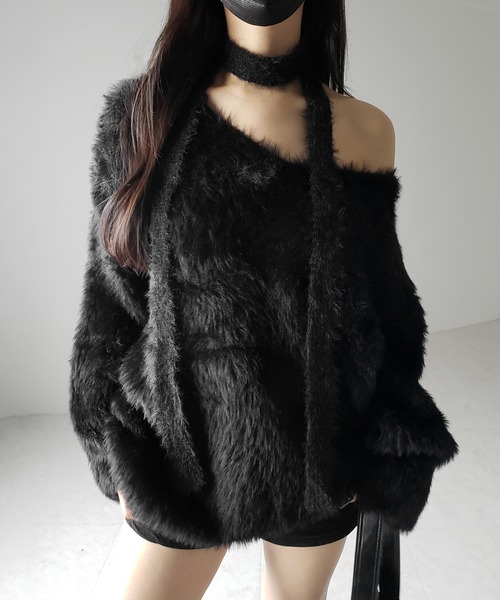 me+em select(ミームセレクト)の「【 2color 】チョーカータイ付きルーズシャギーニット / choker tie set loose shaggy knit(ニット/セーター・レディース・ホワイト/ブラック・FREE)」の6枚目の写真