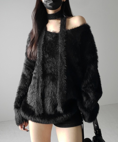 me+em select(ミームセレクト)の「【 2color 】チョーカータイ付きルーズシャギーニット / choker tie set loose shaggy knit(ニット/セーター・レディース・ホワイト/ブラック・FREE)」の10枚目の写真