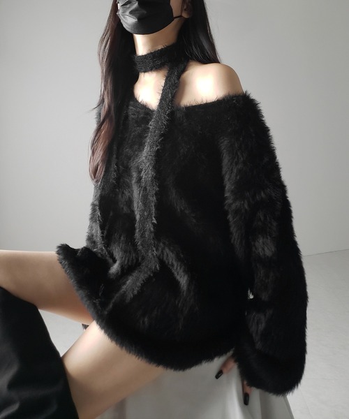 ニット セーター 「 ２color 」チョーカータイ付きルーズシャギーニット ／ choker tie set loose shaggy knit レ セール】【 2color 】チョーカータイ付きルーズシャギーニット