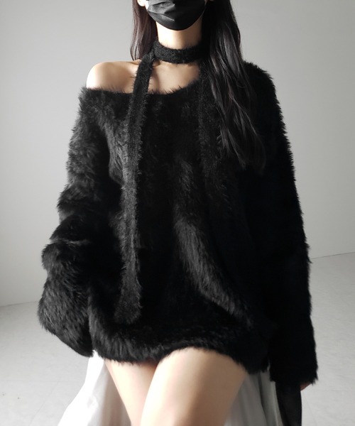 me+em select(ミームセレクト)の「【 2color 】チョーカータイ付きルーズシャギーニット / choker tie set loose shaggy knit(ニット/セーター・レディース・ホワイト/ブラック・FREE)」の15枚目の写真