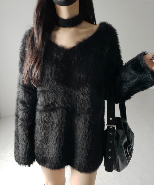 ニット セーター 「 ２color 」チョーカータイ付きルーズシャギーニット ／ choker tie set loose shaggy knit レ セール】【 2color 】チョーカータイ付きルーズシャギーニット
