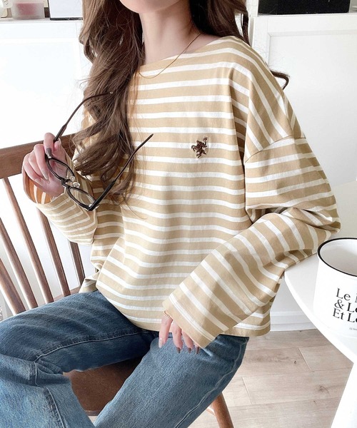 classicalelf(クラシカルエルフ)の「快適な着心地と洗練されたデザインが魅力。ボートネックオーガニックコットン100%パネルボーダーTシャツ(長袖)(Tシャツ/カットソー・レディース・ベージュ系その他/ブルー系その他/ホワイト×ネイビー/ネイビー×ホワイト/ホワイト×ブラック・LARGE/MEDIUM/X-LARGE)」の3枚目の写真