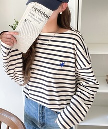 classicalelf | 快適な着心地と洗練されたデザインが魅力。ボートネックオーガニックコットン100％パネルボーダーTシャツ(長袖)(Tシャツ/カットソー)