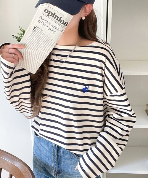 classicalelf(クラシカルエルフ)の「快適な着心地と洗練されたデザインが魅力。ボートネックオーガニックコットン100%パネルボーダーTシャツ(長袖)(Tシャツ/カットソー・レディース・ベージュ系その他/ブルー系その他/ホワイト×ネイビー/ネイビー×ホワイト/ホワイト×ブラック・LARGE/MEDIUM/X-LARGE)」の2枚目の写真