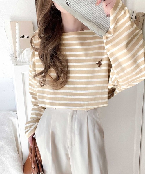 classicalelf(クラシカルエルフ)の「快適な着心地と洗練されたデザインが魅力。ボートネックオーガニックコットン100%パネルボーダーTシャツ(長袖)(Tシャツ/カットソー・レディース・ベージュ系その他/ブルー系その他/ホワイト×ネイビー/ネイビー×ホワイト/ホワイト×ブラック・LARGE/MEDIUM/X-LARGE)」の20枚目の写真