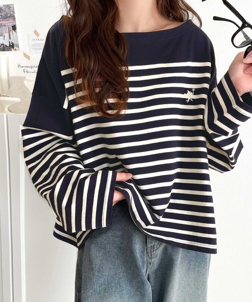 classicalelf(クラシカルエルフ)の「快適な着心地と洗練されたデザインが魅力。ボートネックオーガニックコットン100%パネルボーダーTシャツ(長袖)(Tシャツ/カットソー・レディース・ベージュ系その他/ブルー系その他/ホワイト×ネイビー/ネイビー×ホワイト/ホワイト×ブラック・LARGE/MEDIUM/X-LARGE)」の14枚目の写真