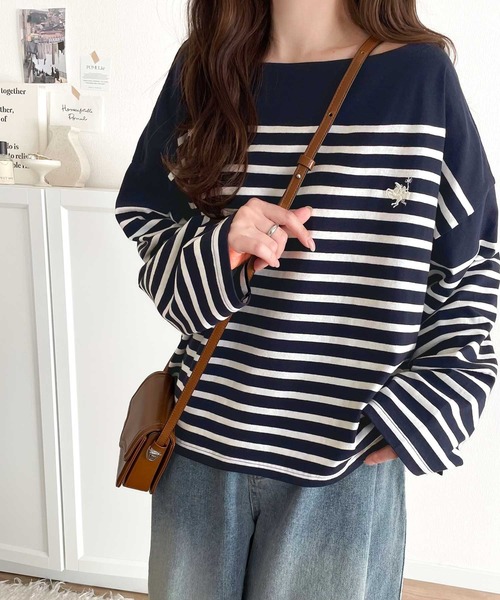 classicalelf(クラシカルエルフ)の「快適な着心地と洗練されたデザインが魅力。ボートネックオーガニックコットン100%パネルボーダーTシャツ(長袖)(Tシャツ/カットソー・レディース・ベージュ系その他/ブルー系その他/ホワイト×ネイビー/ネイビー×ホワイト/ホワイト×ブラック・LARGE/MEDIUM/X-LARGE)」の16枚目の写真