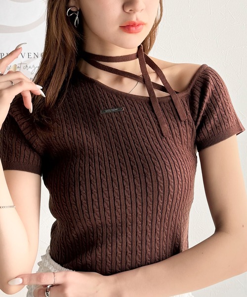 mily bilet(ミウィビレット)の「【mily bilet】高見えデザイン。ロゴプレート付き肩リボンケーブル柄サマーニット(半袖)(Tシャツ/カットソー・レディース・ブラック/アイボリー/グレー/ブルー/チョコ・X-LARGE/SMALL/MEDIUM/LARGE)」の5枚目の写真