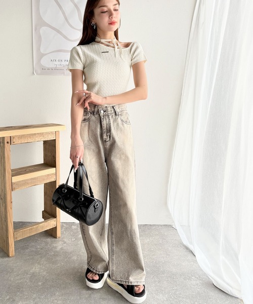 mily bilet(ミウィビレット)の「【mily bilet】高見えデザイン。ロゴプレート付き肩リボンケーブル柄サマーニット(半袖)(Tシャツ/カットソー・レディース・ブラック/アイボリー/グレー/ブルー/チョコ・X-LARGE/SMALL/MEDIUM/LARGE)」の10枚目の写真