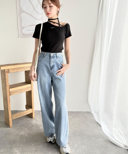 mily bilet(ミウィビレット)の「【mily bilet】高見えデザイン。ロゴプレート付き肩リボンケーブル柄サマーニット(半袖)(Tシャツ/カットソー・レディース・ブラック/アイボリー/グレー/ブルー/チョコ・X-LARGE/SMALL/MEDIUM/LARGE)」の13枚目の写真