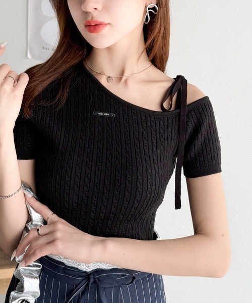 mily bilet(ミウィビレット)の「【mily bilet】高見えデザイン。ロゴプレート付き肩リボンケーブル柄サマーニット(半袖)(Tシャツ/カットソー・レディース・ブラック/アイボリー/グレー/ブルー/チョコ・X-LARGE/SMALL/MEDIUM/LARGE)」の15枚目の写真