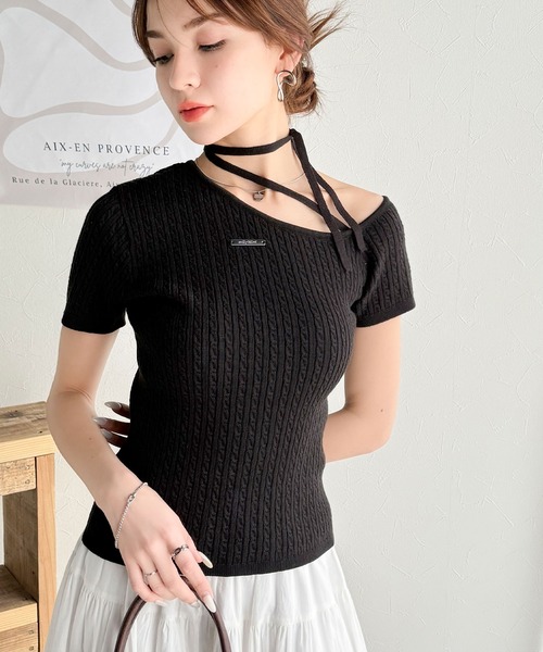 mily bilet(ミウィビレット)の「【mily bilet】高見えデザイン。ロゴプレート付き肩リボンケーブル柄サマーニット(半袖)(Tシャツ/カットソー・レディース・ブラック/アイボリー/グレー/ブルー/チョコ・X-LARGE/SMALL/MEDIUM/LARGE)」の17枚目の写真