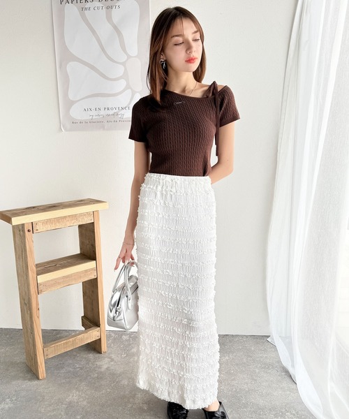 mily bilet(ミウィビレット)の「【mily bilet】高見えデザイン。ロゴプレート付き肩リボンケーブル柄サマーニット(半袖)(Tシャツ/カットソー・レディース・ブラック/アイボリー/グレー/ブルー/チョコ・X-LARGE/SMALL/MEDIUM/LARGE)」の20枚目の写真