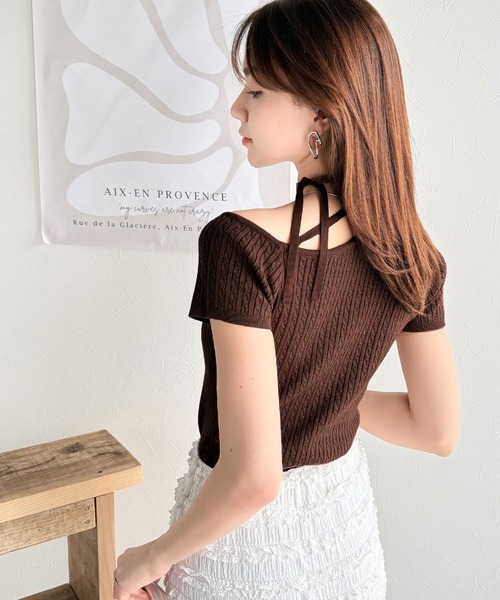 mily bilet(ミウィビレット)の「【mily bilet】高見えデザイン。ロゴプレート付き肩リボンケーブル柄サマーニット(半袖)(Tシャツ/カットソー・レディース・ブラック/アイボリー/グレー/ブルー/チョコ・X-LARGE/SMALL/MEDIUM/LARGE)」の21枚目の写真