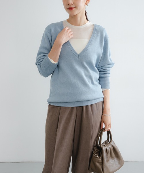 セール】new basic カシミヤコットンVネックチュニックニット