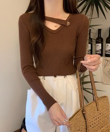 ハート モチーフ付き Vネック リブ ニット プルオーバー