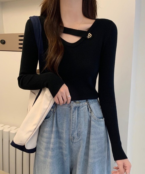 Lace Ladies(レースレディース)の「ハート モチーフ付き Vネック リブ ニット プルオーバー(ニット/セーター・レディース・ホワイト/グレー/ブラック/ブラウン・FREE)」の6枚目の写真
